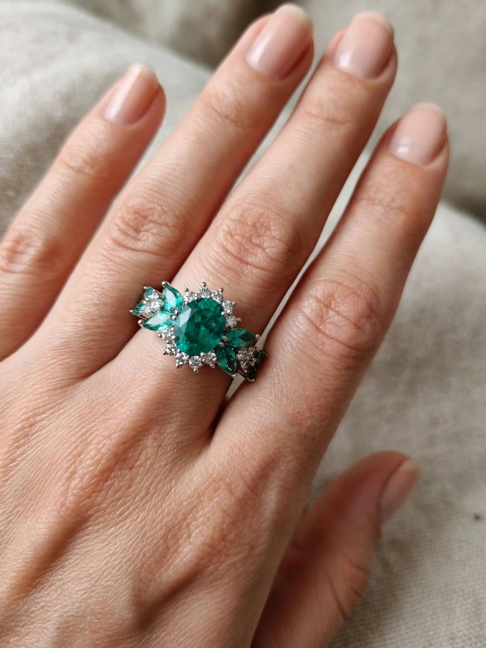 Emerald Green Floral Halo Ring - Women Jewelry